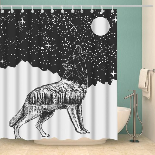 Geometric Wolf Head Moon Night Sky Galaxy Wolf Shower Curtain for Bathroom Decor - Image 2
