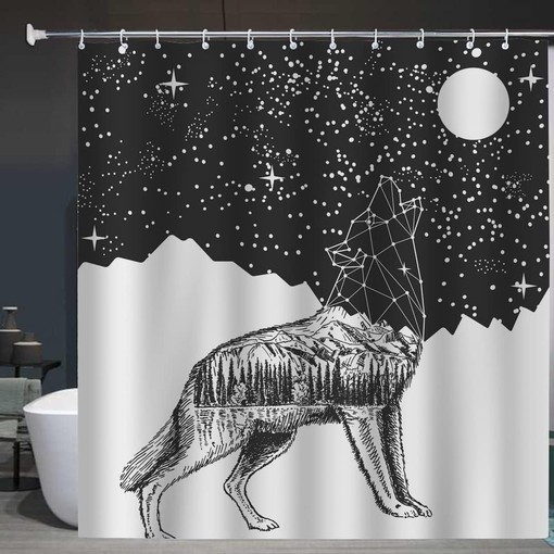 Geometric Wolf Head Moon Night Sky Galaxy Wolf Shower Curtain for Bathroom Decor - Image 3