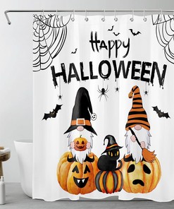 Gnome Black Cat Bat and Pumpkin Lantern Halloween Shower Curtain with Horror Elements
