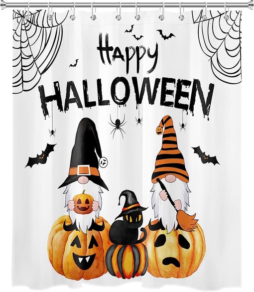 Gnome Black Cat Bat and Pumpkin Lantern Halloween Shower Curtain with Horror Elements - Image 2