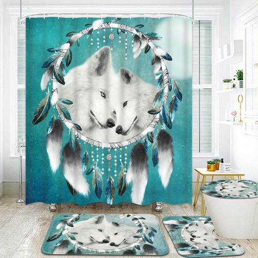 Green Wolf Dream Catcher Animal Shower Curtain for Chic Bathroom Decor - Image 2