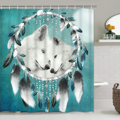 Green Wolf Dream Catcher Animal Shower Curtain for Chic Bathroom Decor - Image 3
