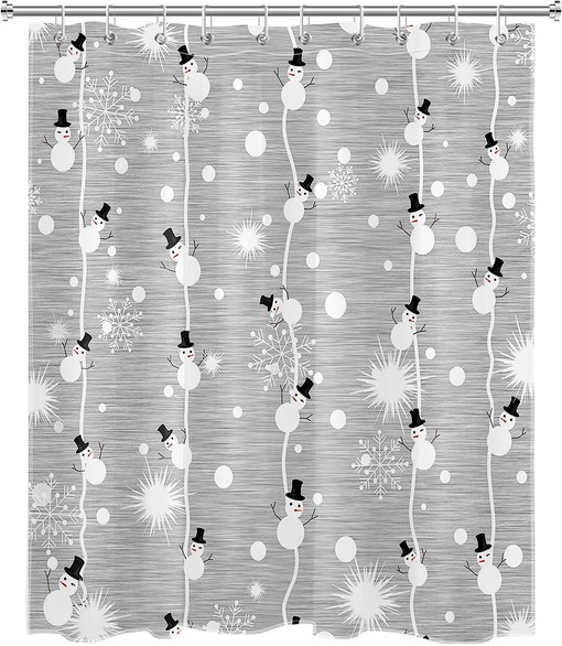 Grey Snowman Cartoon Shower Curtain for Kids Bathroom with Snowflakes and Xmas Elements