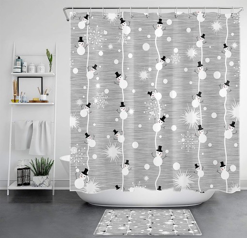 Grey Snowman Cartoon Shower Curtain for Kids Bathroom with Snowflakes and Xmas Elements - Image 2