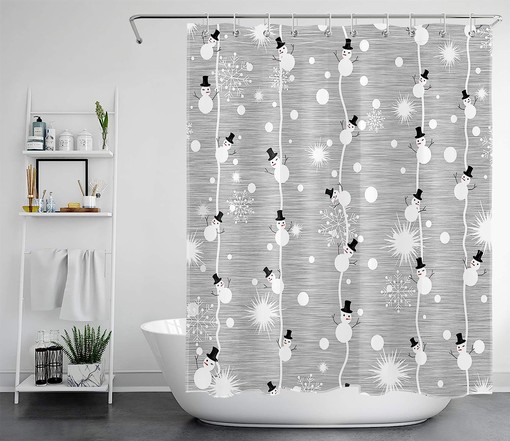 Grey Snowman Cartoon Shower Curtain for Kids Bathroom with Snowflakes and Xmas Elements - Image 3