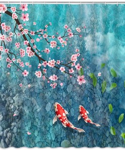 Japanese Koi Fish and Cherry Blossom Shower Curtain with Asian Nature Elements for Bathroom Decor