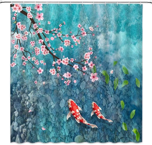 Japanese Koi Fish and Cherry Blossom Shower Curtain with Asian Nature Elements for Bathroom Decor