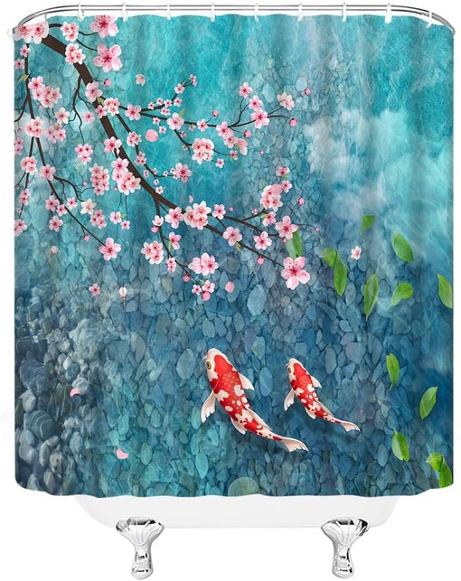 Japanese Koi Fish and Cherry Blossom Shower Curtain with Asian Nature Elements for Bathroom Decor - Image 3