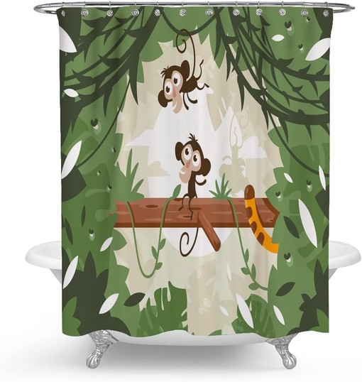 Jungle Animal Ape Monkey on Tree Green Cute Monkeys Shower Curtain for Bathroom Decor