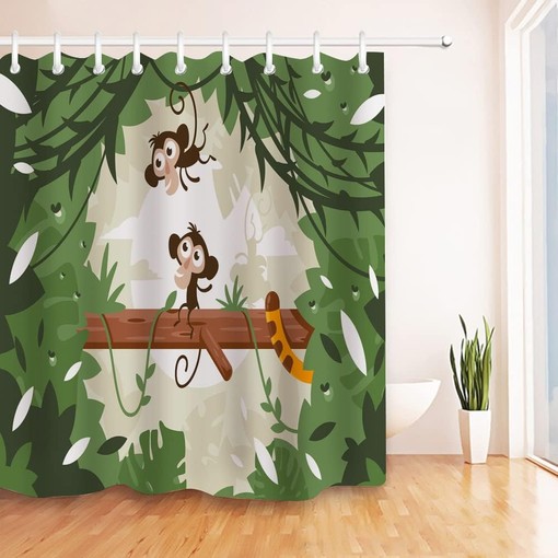 Jungle Animal Ape Monkey on Tree Green Cute Monkeys Shower Curtain for Bathroom Decor - Image 2