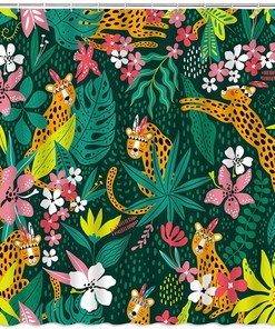 Leopard Topical Palm Leaf Jungle Shower Curtain with Wildlife and Plant Floral Elements for Modern Aesthetic Bathroom