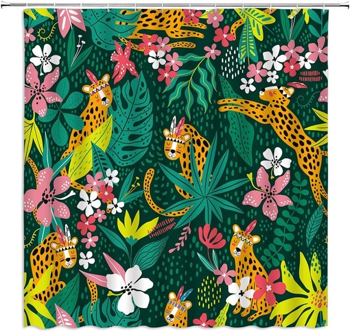 Leopard Topical Palm Leaf Jungle Shower Curtain with Wildlife and Plant Floral Elements for Modern Aesthetic Bathroom