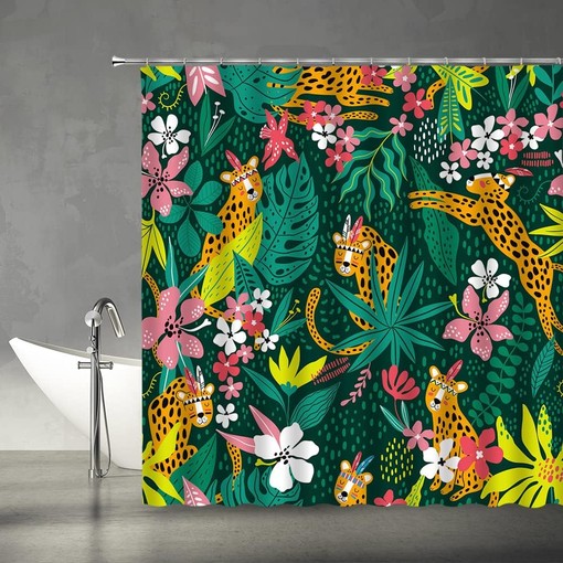 Leopard Topical Palm Leaf Jungle Shower Curtain with Wildlife and Plant Floral Elements for Modern Aesthetic Bathroom - Image 3