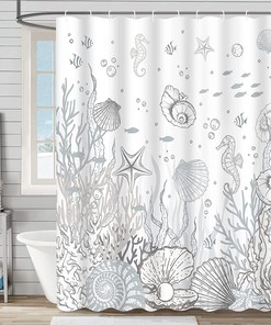 Ocean Themed Bathroom Shower Curtain with Coral, Seashell and Starfish Prints, Grey
