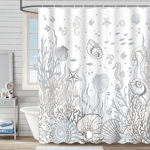 Ocean Themed Bathroom Shower Curtain with Coral, Seashell and Starfish Prints, Grey