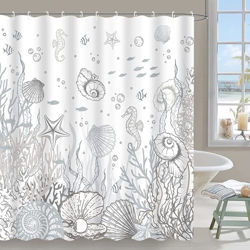 Ocean Themed Bathroom Shower Curtain with Coral, Seashell and Starfish Prints, Grey - Image 2