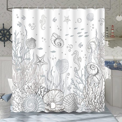 Ocean Themed Bathroom Shower Curtain with Coral, Seashell and Starfish Prints, Grey - Image 3