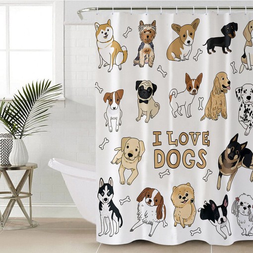 Pet Pug Shiba Inu I Love Dogs Shower Curtain Set for Bathroom Decor