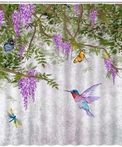 Purple Hummingbird and Butterfly Shower Curtain with Spring Garden Elements for Bathroom Decor