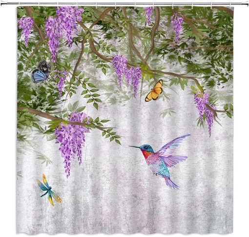 Purple Hummingbird and Butterfly Shower Curtain with Spring Garden Elements for Bathroom Decor