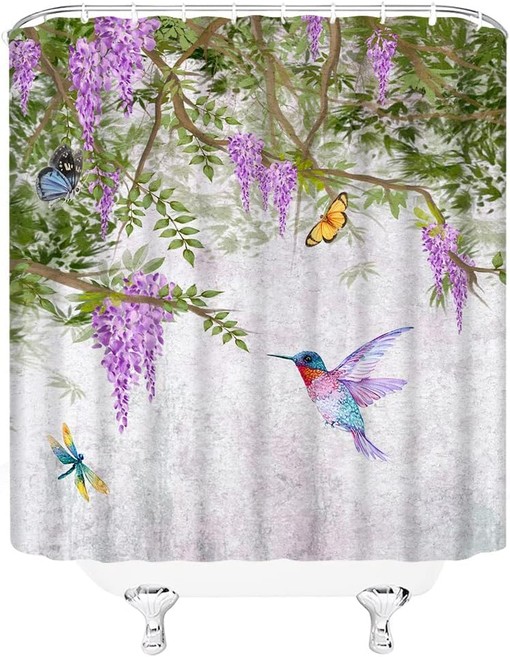 Purple Hummingbird and Butterfly Shower Curtain with Spring Garden Elements for Bathroom Decor - Image 3
