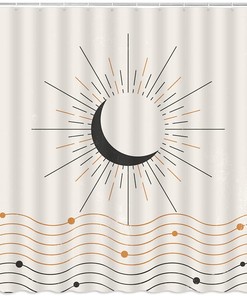 Retro Neutral Contemporary Art Shower Curtain with Abstract Sun Moon Lines for Mid Century Bathroom Decor