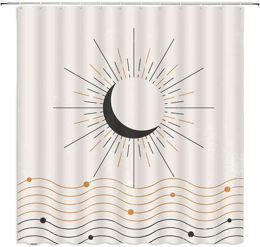 Retro Neutral Contemporary Art Shower Curtain with Abstract Sun Moon Lines for Mid Century Bathroom Decor