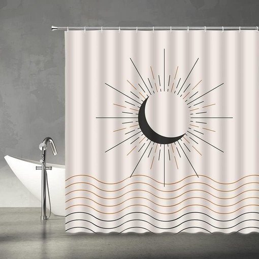 Retro Neutral Contemporary Art Shower Curtain with Abstract Sun Moon Lines for Mid Century Bathroom Decor - Image 2