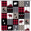 Rustic Black Red Plaid Check Shower Curtain with Bear Silhouettes Print