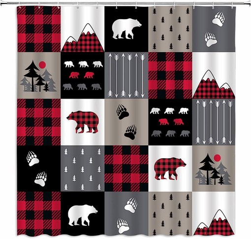 Rustic Black Red Plaid Check Shower Curtain with Bear Silhouettes Print