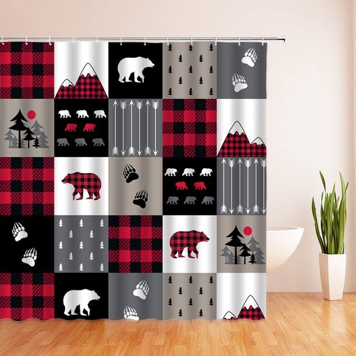 Rustic Black Red Plaid Check Shower Curtain with Bear Silhouettes Print - Image 3