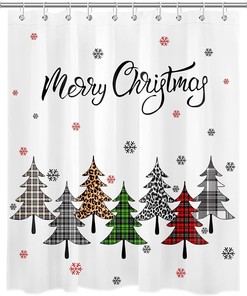 Rustic Checkered Xmas Shower Curtain with Snowflakes and Xmas Tree Bathroom Decor