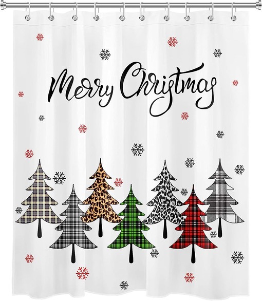 Rustic Checkered Xmas Shower Curtain with Snowflakes and Xmas Tree Bathroom Decor