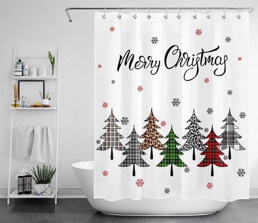 Rustic Checkered Xmas Shower Curtain with Snowflakes and Xmas Tree Bathroom Decor - Image 2