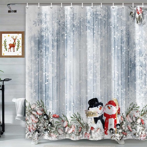 Rustic Wooden Board Christmas Snowman Shower Curtain for Bathroom Decor - Image 2