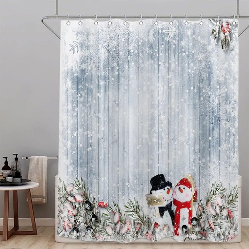 Rustic Wooden Board Christmas Snowman Shower Curtain for Bathroom Decor - Image 3