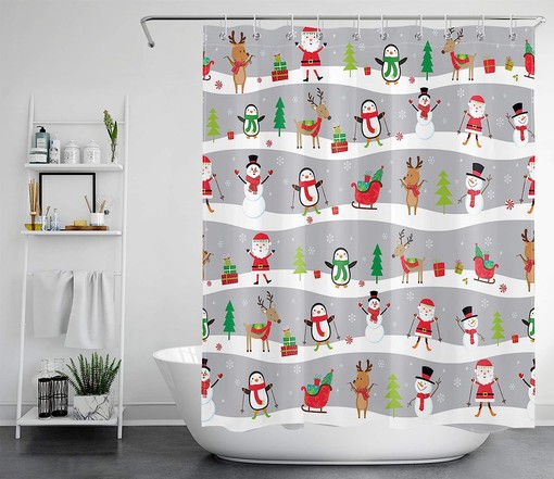 Santa Claus Penguin Snowman Elk Shower Curtain for Kids Bathroom with Christmas Elements - Image 2
