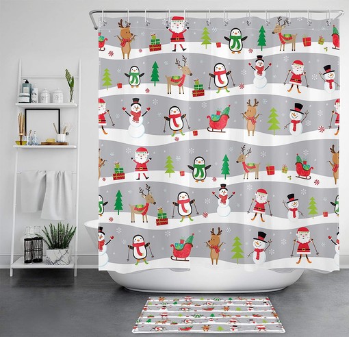 Santa Claus Penguin Snowman Elk Shower Curtain for Kids Bathroom with Christmas Elements - Image 3