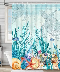 Sea Turtle Shower Curtain with Coastal and Ocean Themed Beach Prints, Teal Bathroom Decor