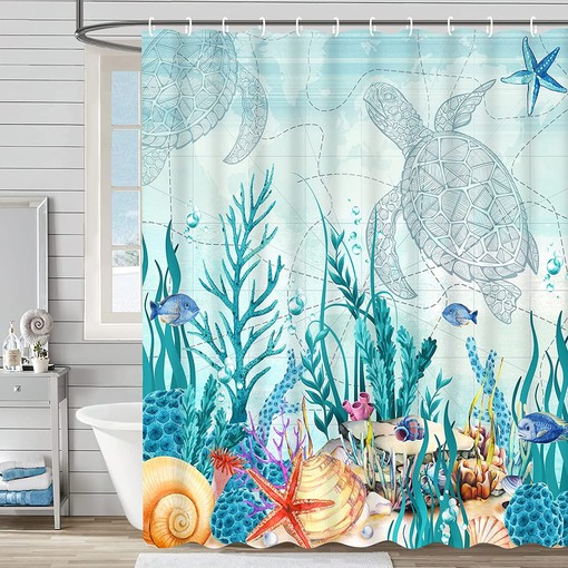 Sea Turtle Shower Curtain with Coastal and Ocean Themed Beach Prints, Teal Bathroom Decor