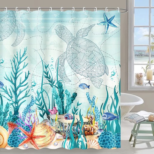 Sea Turtle Shower Curtain with Coastal and Ocean Themed Beach Prints, Teal Bathroom Decor - Image 2