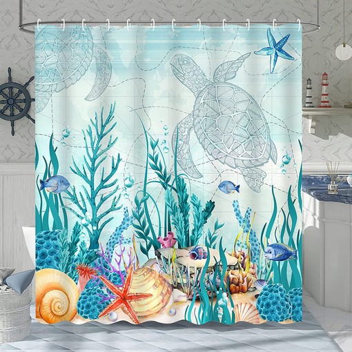 Sea Turtle Shower Curtain with Coastal and Ocean Themed Beach Prints, Teal Bathroom Decor - Image 3
