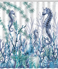 Seahorse Starfish Coral Seashell Blue Ocean Beach Underwater Marine Life Shower Curtain with Nautical Coastal Elements