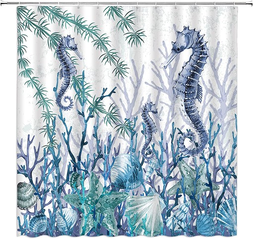 Seahorse Starfish Coral Seashell Blue Ocean Beach Underwater Marine Life Shower Curtain with Nautical Coastal Elements