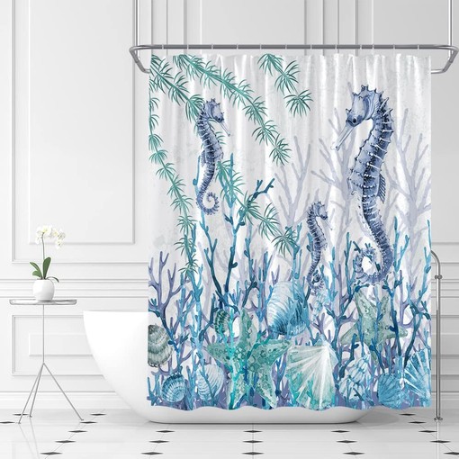Seahorse Starfish Coral Seashell Blue Ocean Beach Underwater Marine Life Shower Curtain with Nautical Coastal Elements - Image 2