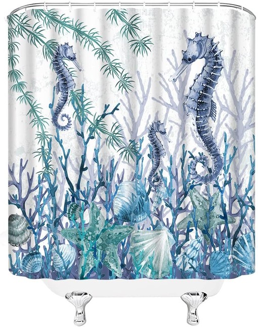 Seahorse Starfish Coral Seashell Blue Ocean Beach Underwater Marine Life Shower Curtain with Nautical Coastal Elements - Image 3