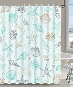 Seashell and Starfish Coastal Nautical Fabric Shower Curtain for Beachy Bathroom Decor.