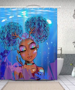 Stunning Black Girl African American Shower Curtain with Blue Ocean PrintUnique Bathroom Decor