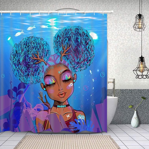 Stunning Black Girl African American Shower Curtain with Blue Ocean PrintUnique Bathroom Decor