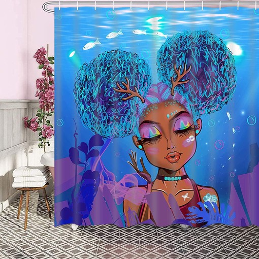Stunning Black Girl African American Shower Curtain with Blue Ocean PrintUnique Bathroom Decor - Image 2